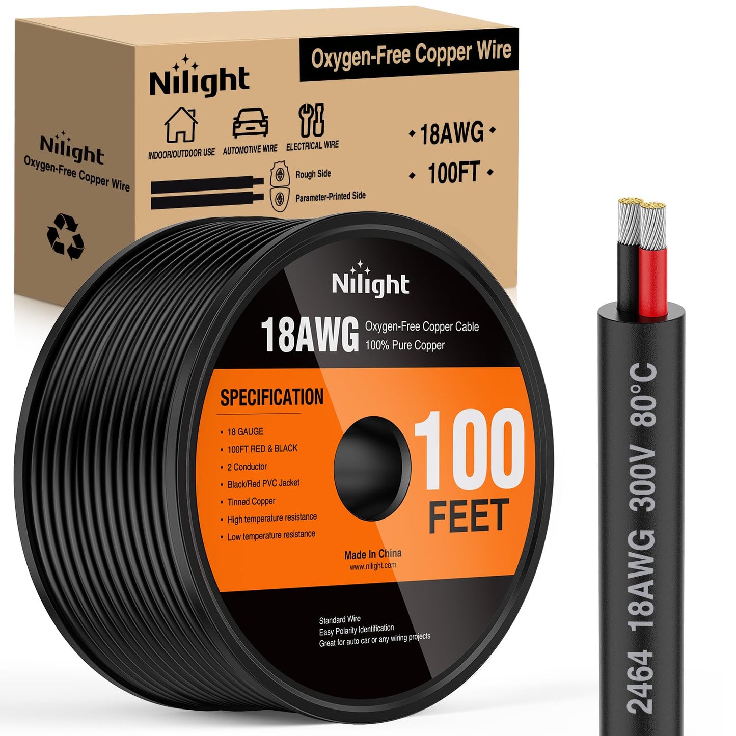 Nilight 100FT 18AWG Oxygen-Free Copper Wire for Electrical Use