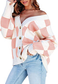 Plaid V Neck Button Down Cable Knit Oversized Cardigan - Cozy Layer