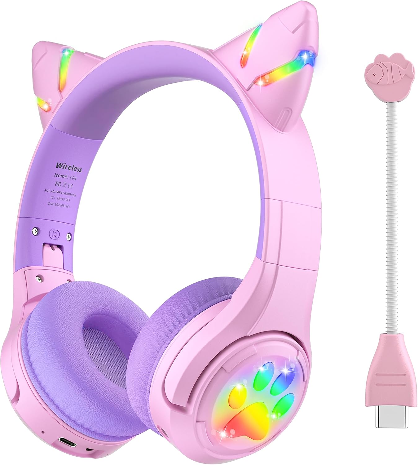 Riwbox CF9 Cat Ear Headphones - Safe 85dB Volume Limit, LED Light Up