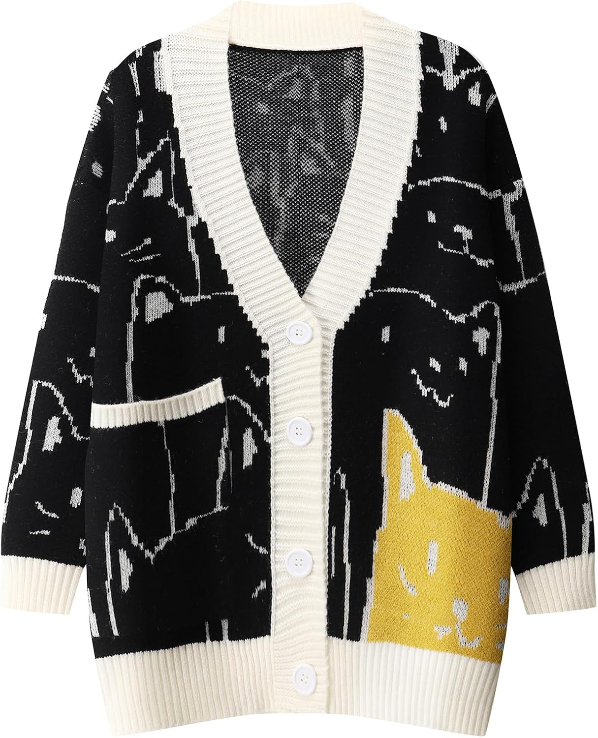 Kawaii Cat Sweater for Women Oversized V Neck Knit Cardigan