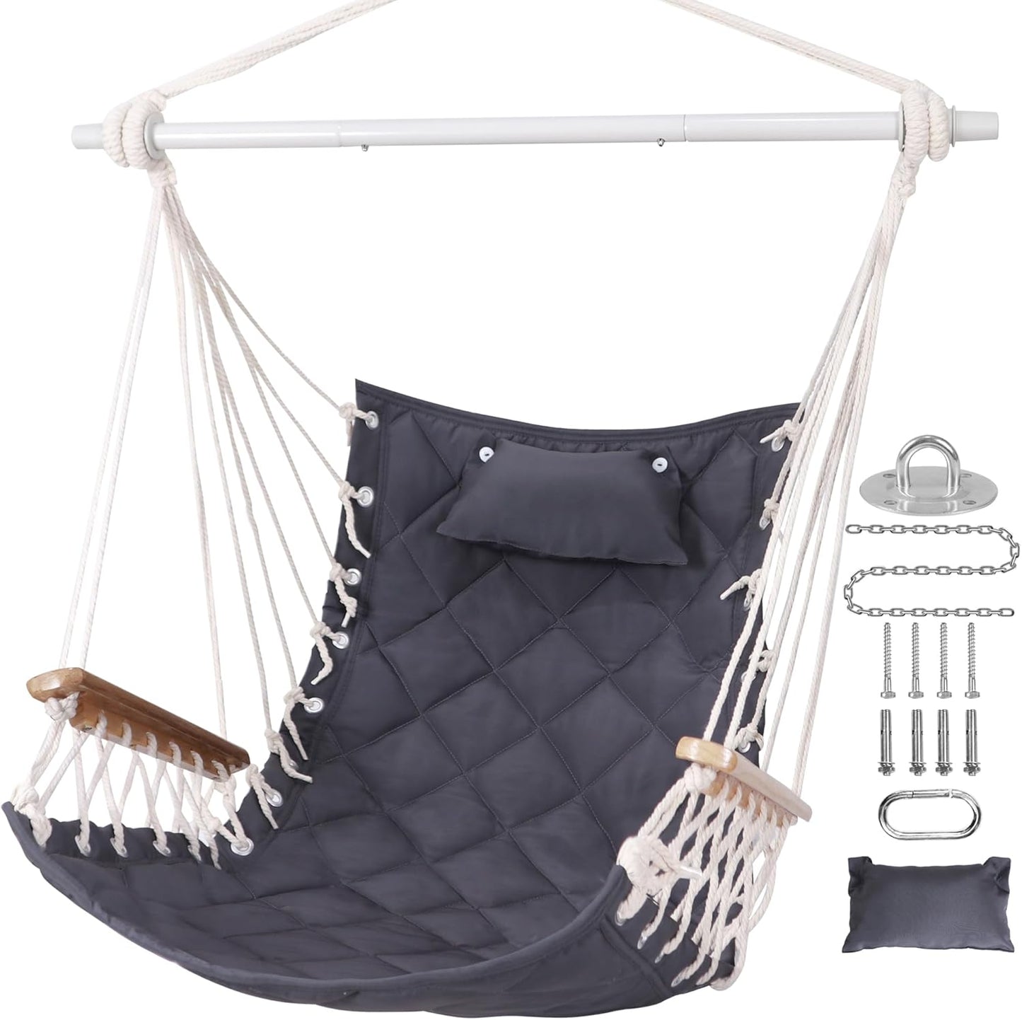 Hammock Chair Swing with Wooden Armrests for Indoor or Outdoor