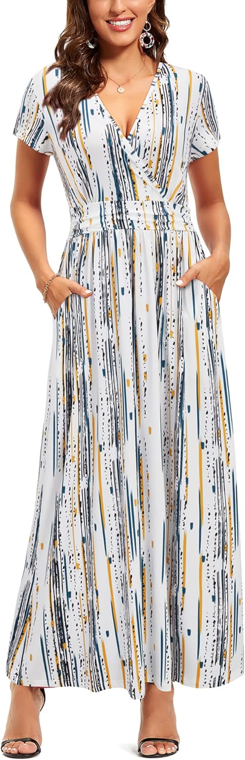 OUGES Womens' V-Neck Pattern Pocket Maxi Long Dress Review