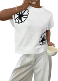 Womens Ribbed Floral Knit Short Sleeve Sweater - Loose Fit