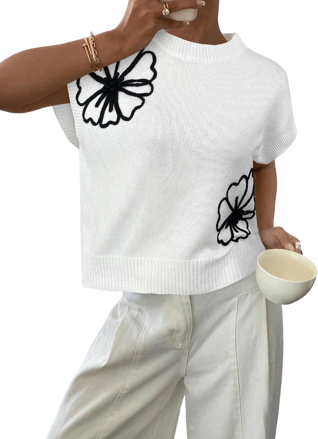 SOLY HUX Women's Ribbed Sweater Crew Neck Short Sleeve Top
