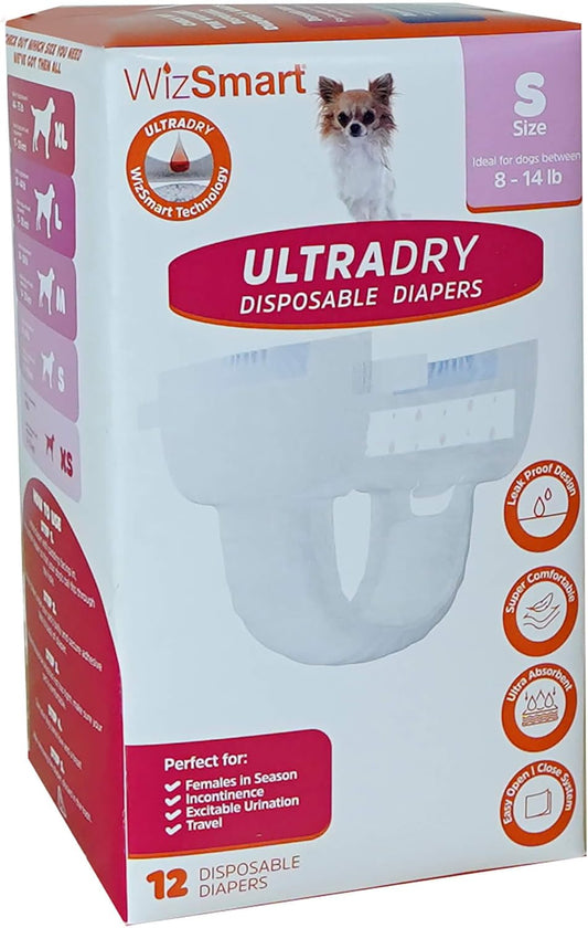 WizSmart Leak-Proof Dog Diapers - 12 Pack Small Size - Tail Hole & Tabs for Ultimate Protection