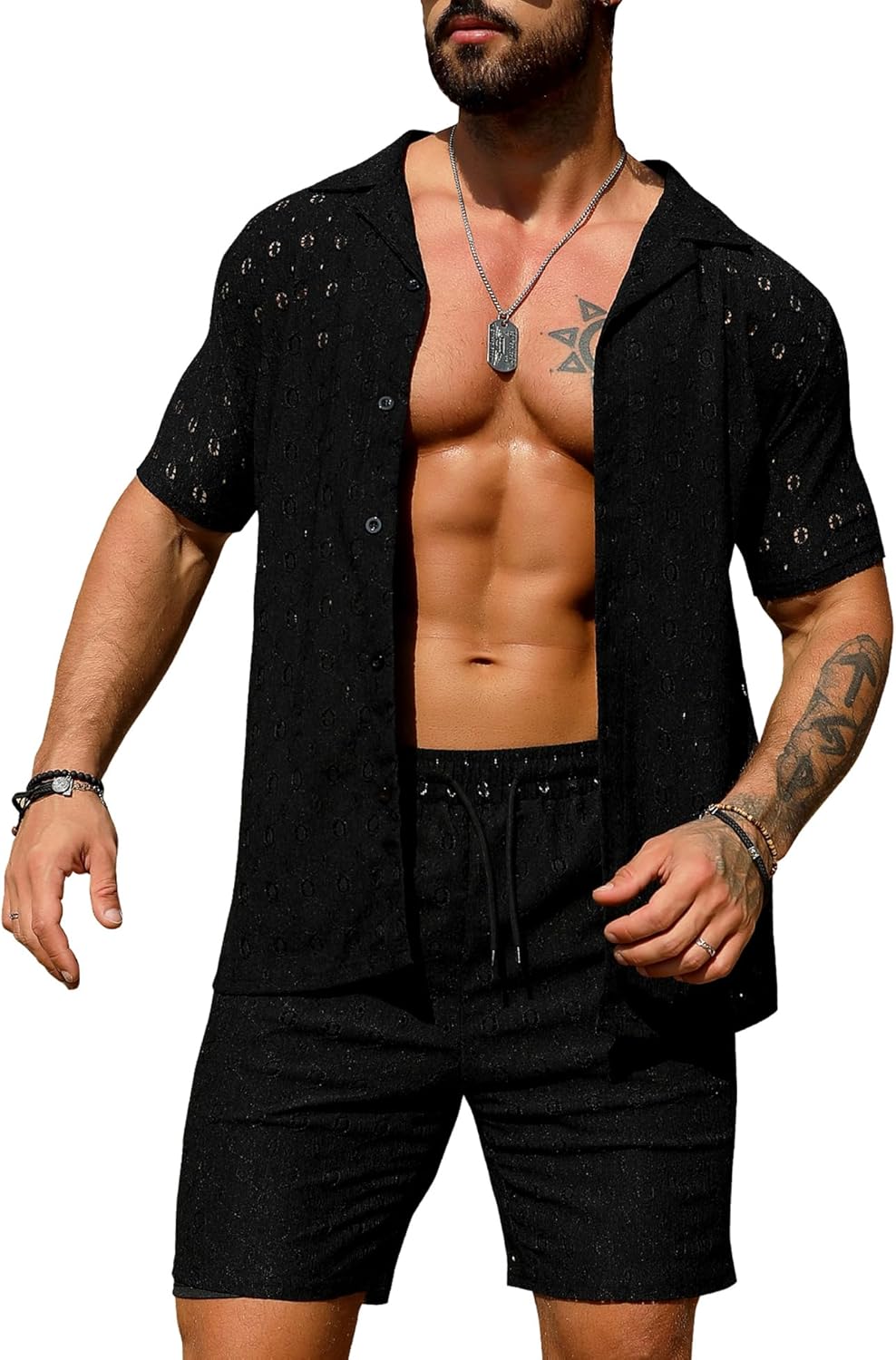 URRU Men's 2 Piece Summer Beach Set with Sheer Lace Design