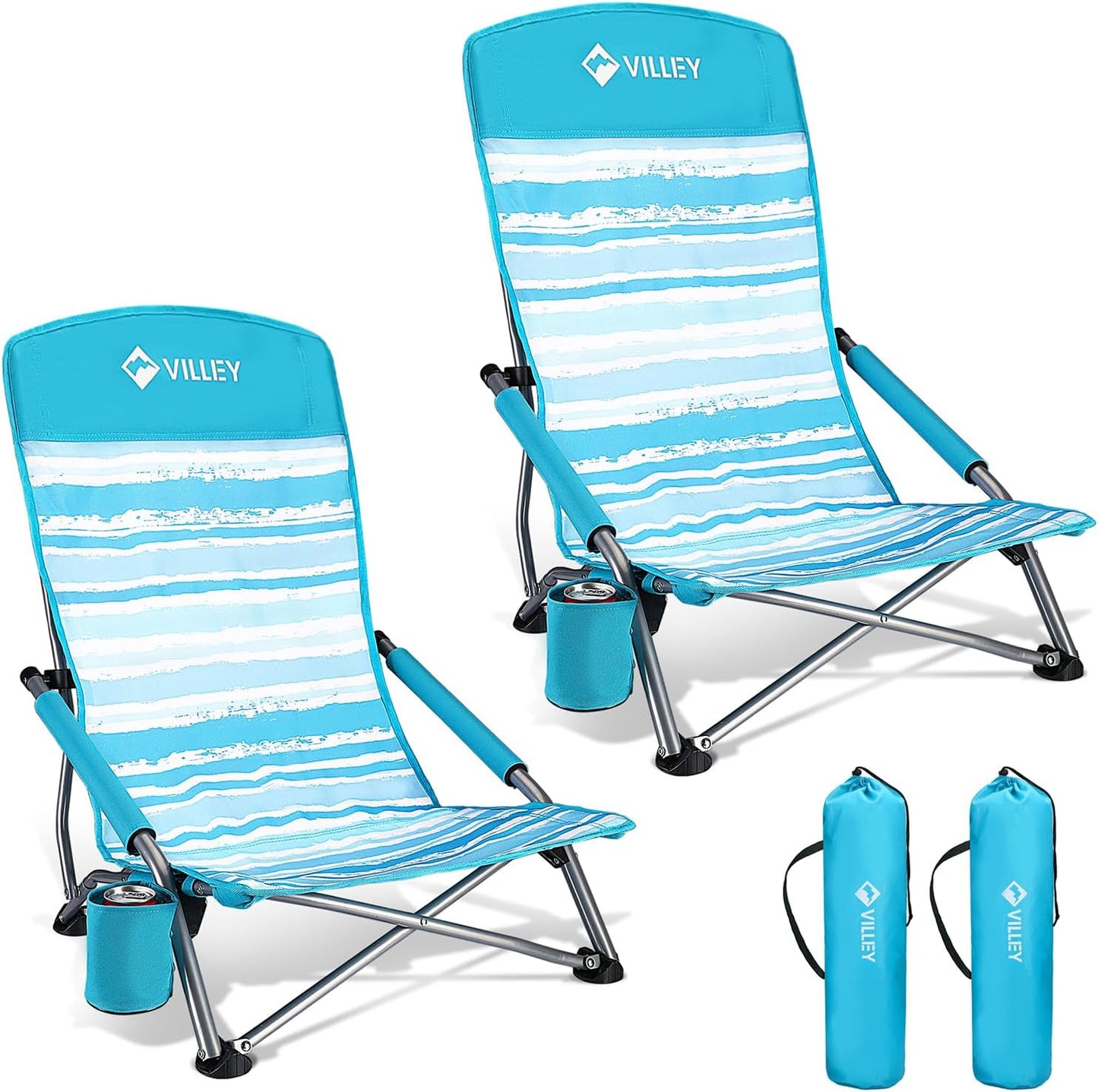 Set of 2 High Back Beach Chairs - Lightweight & Portable