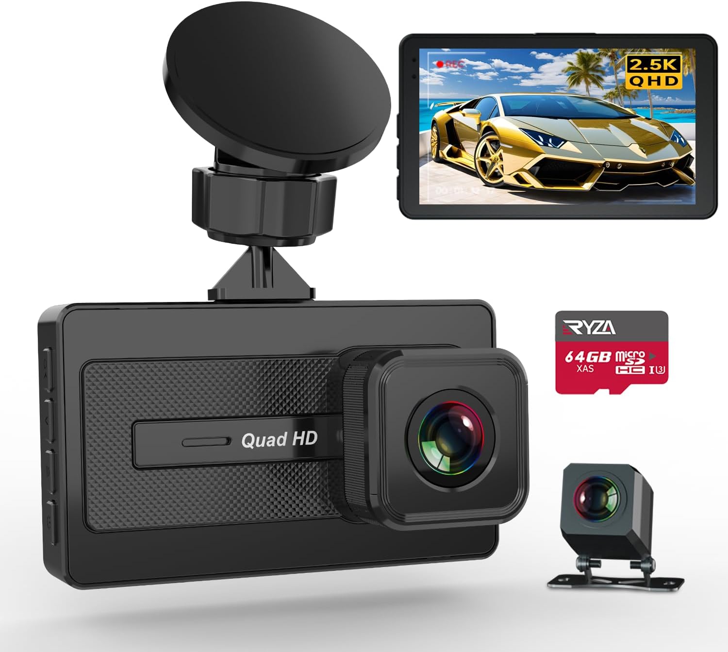 2.5K+1080P Dual Dash Cam + Free 64GB Card! Night Vision, G-Sensor, Wide Angle