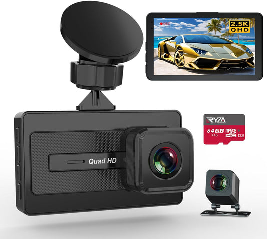 2.5K+1080P Dual Dash Cam + Free 64GB Card! Night Vision, G-Sensor, Wide Angle
