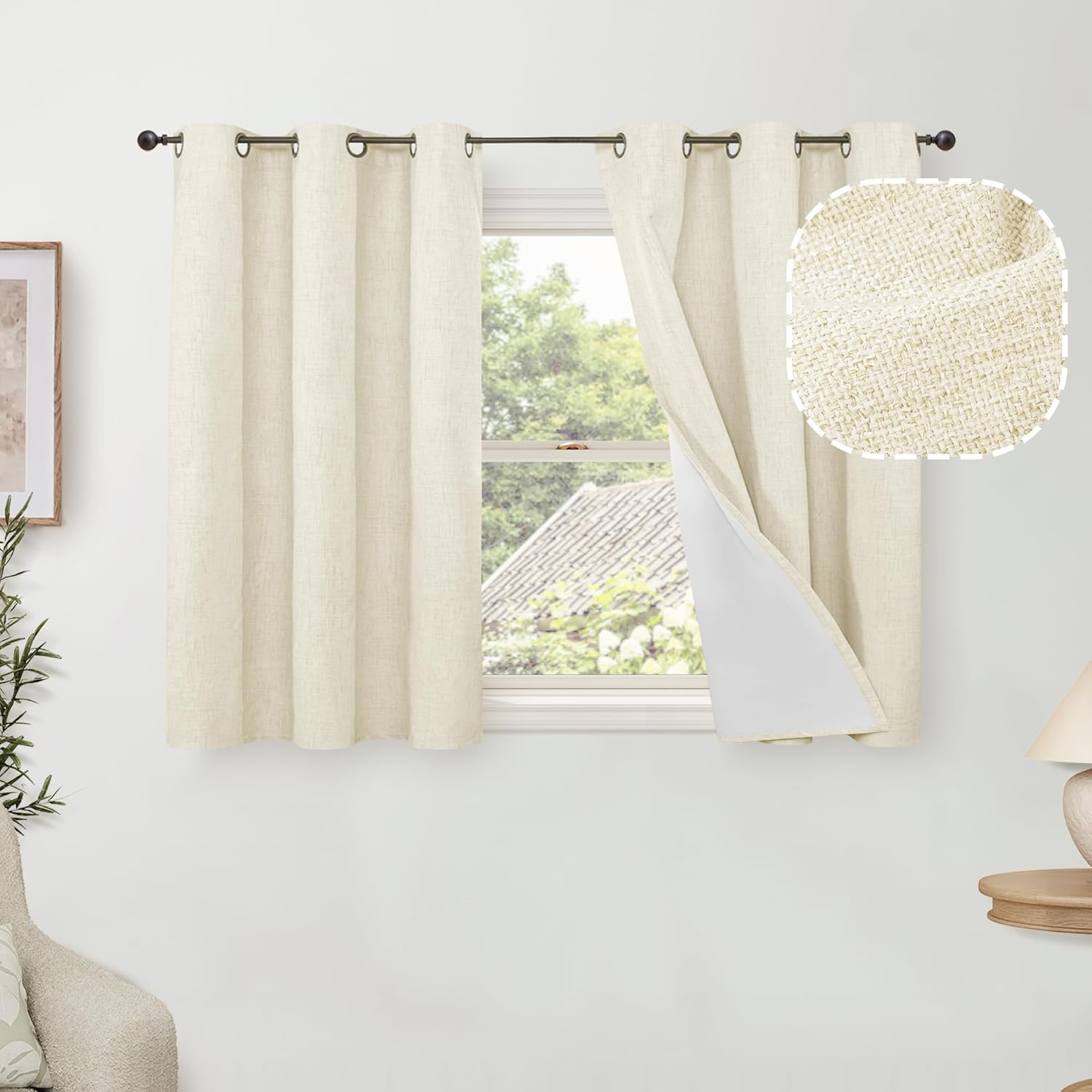 40 Inch Linen Blackout Curtains for Short Cafe Windows