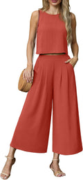 Womens Summer 2 Piece Outfits Sleeveless Crop Top Wide Leg Pants Set