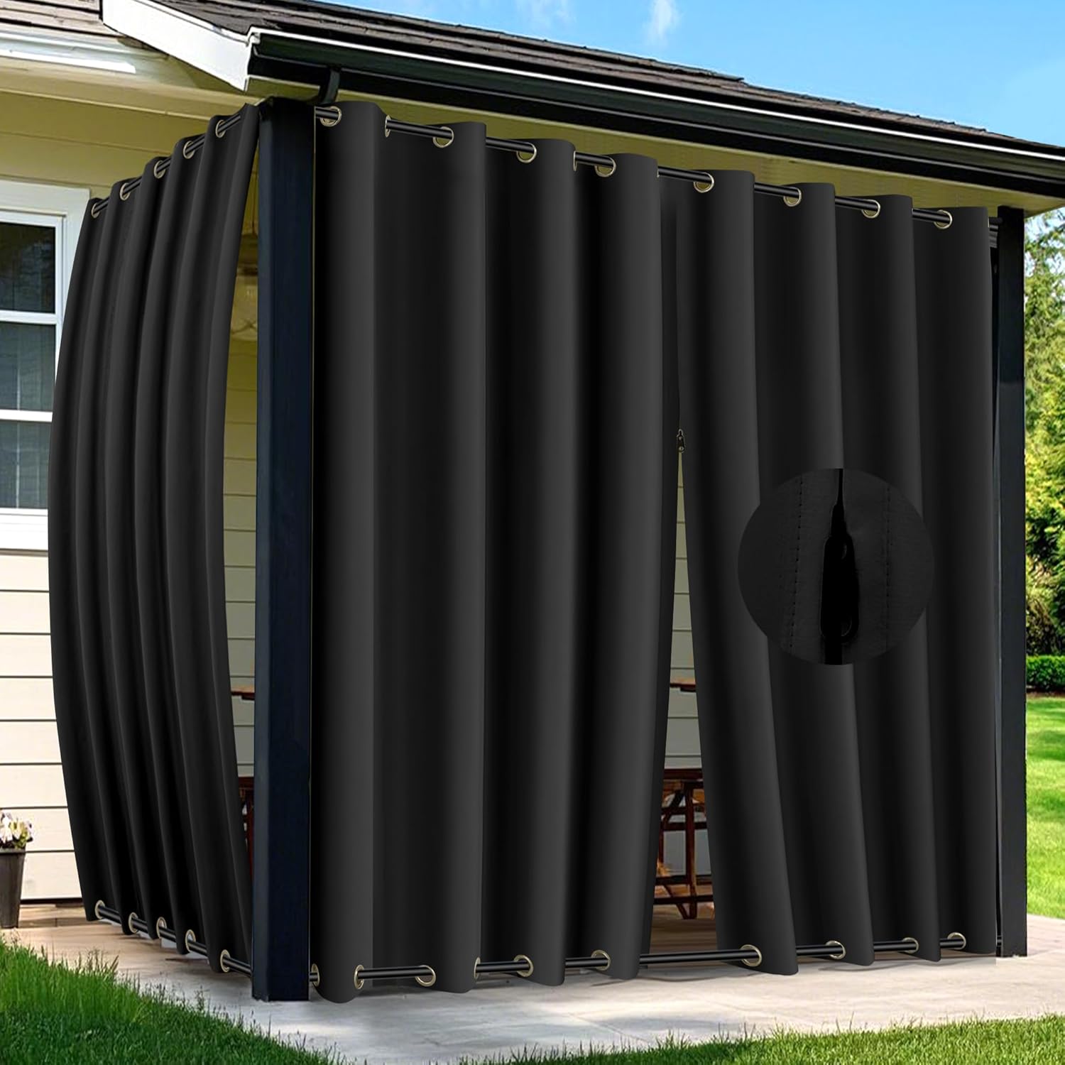 Outdoor Curtains for Patio Waterproof Blackout with Zipper Design