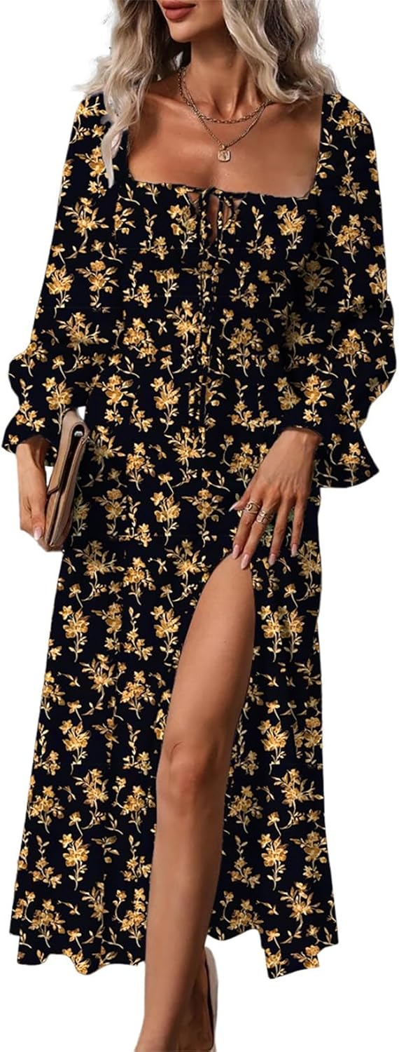 Womens Casual Square Neck Long Sleeve Boho Floral Midi Dress