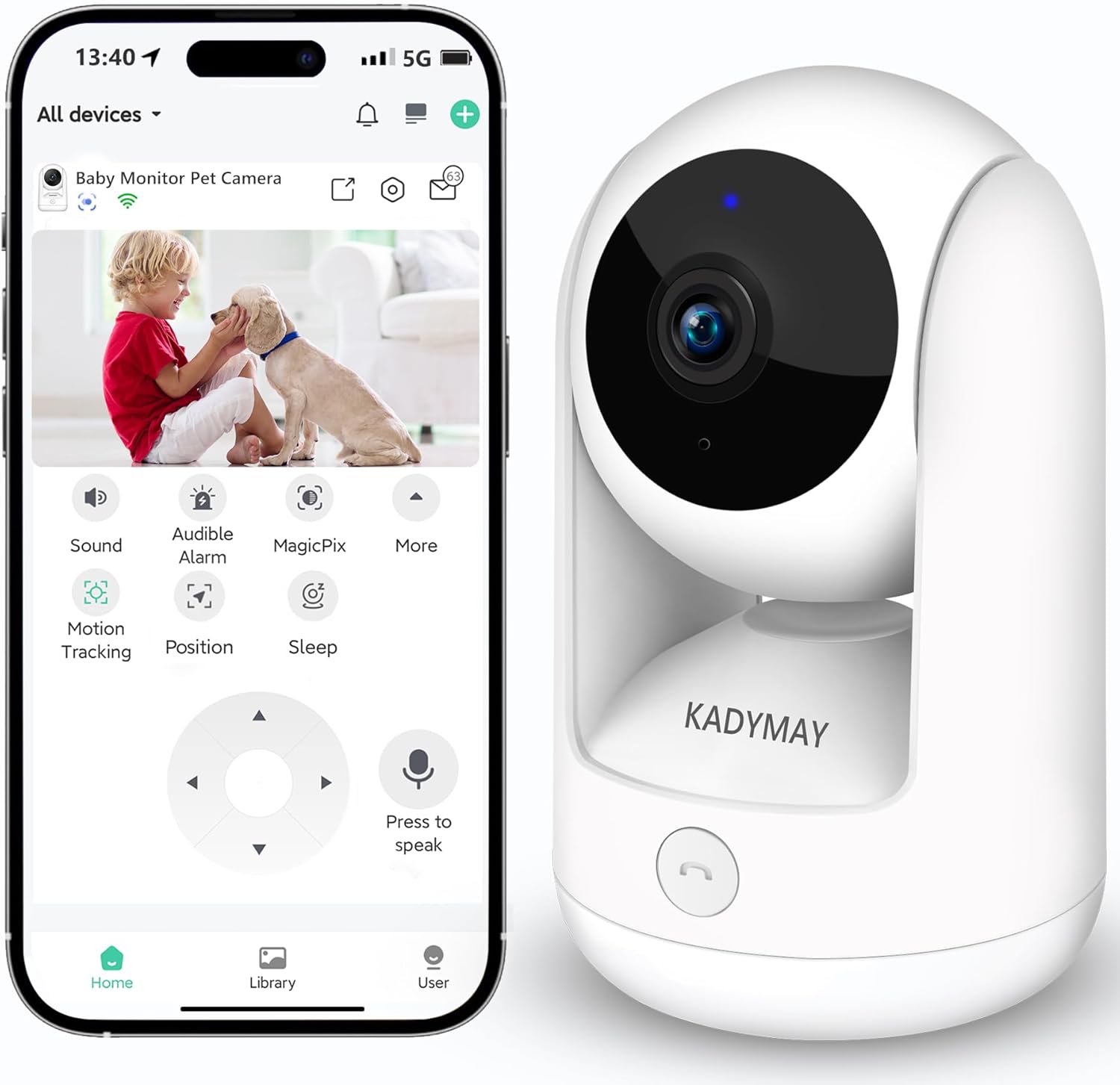 Kadymay 2K HD Pet Camera: Motion Tracking, 1-Key-Call, Pan/Tilt, WiFi
