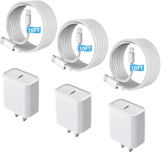 Fast Charger iPhone 3Pack with 10ft USB C Lightning Cable