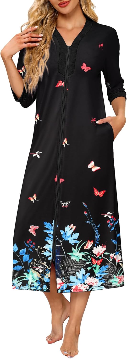 Ekouaer Women's Zipper Robe Full Length Nightgown with Pockets