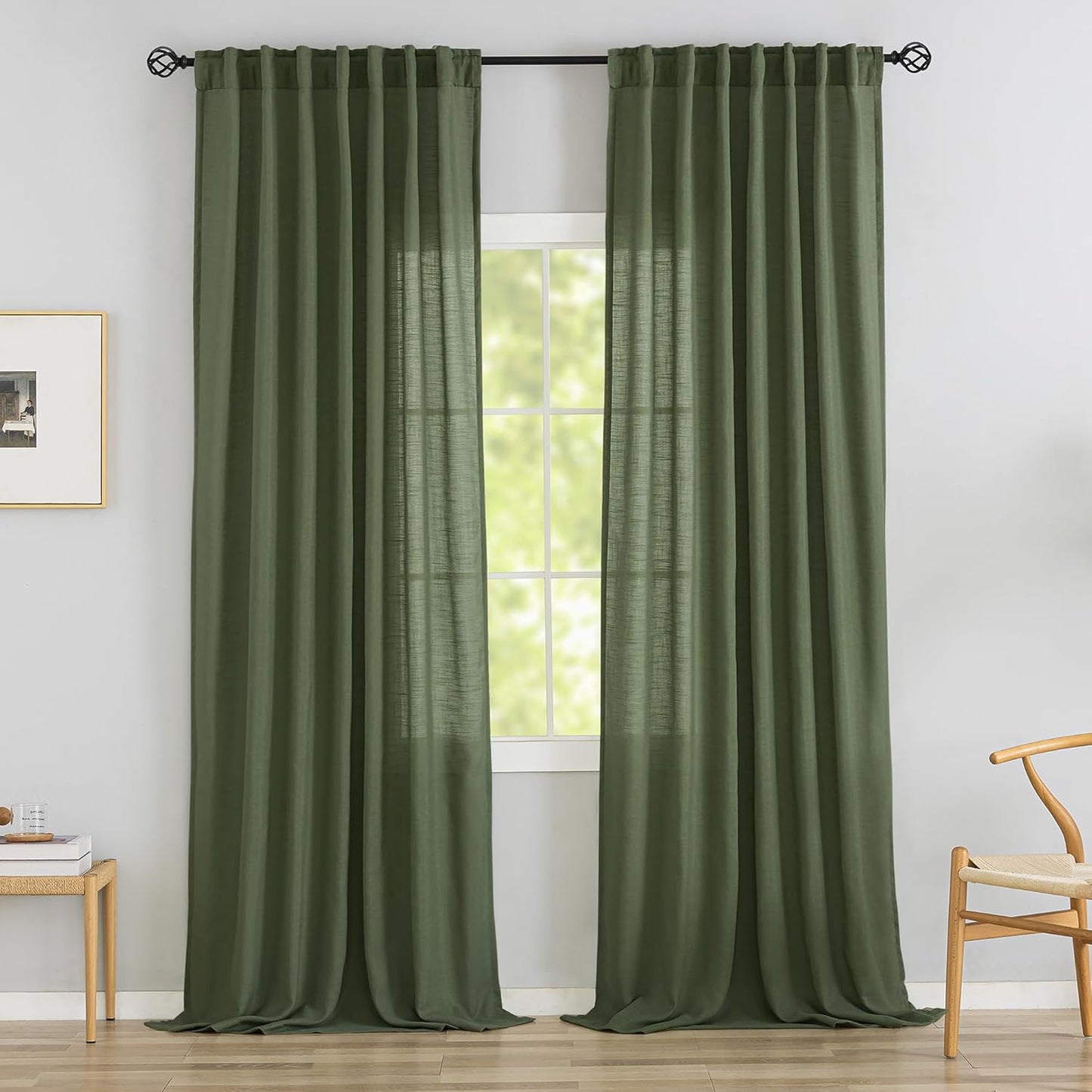 Olive Linen Back Tab Curtains for Large Windows - 108 in Long