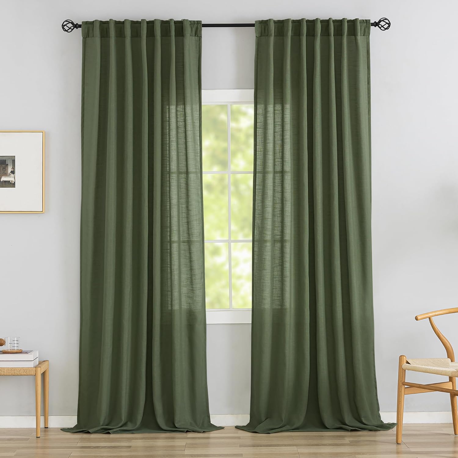 Olive Linen Back Tab Curtains for Large Windows - 108 in Long