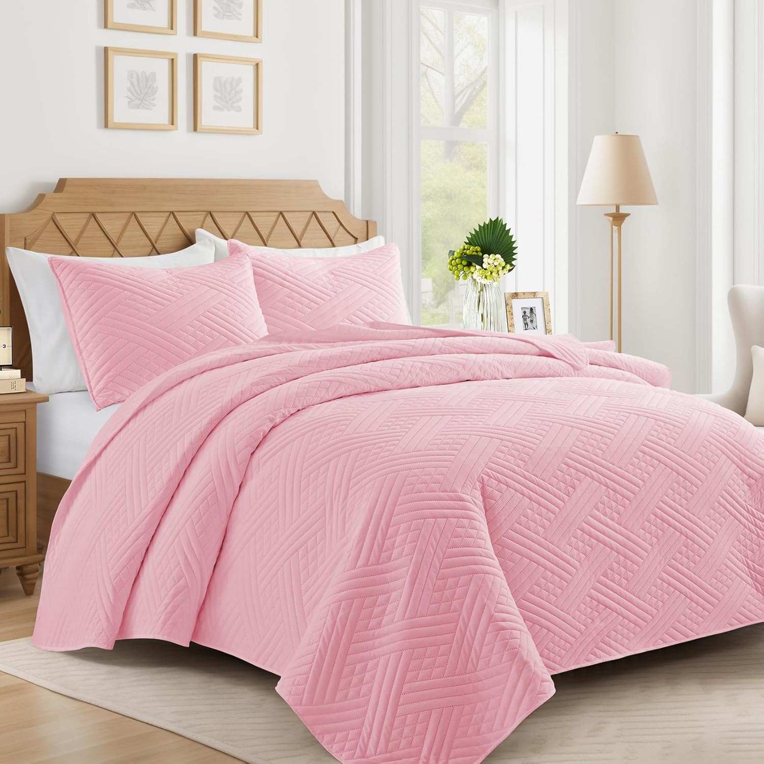 Lavsiry Pink Quilt Oversized California King Size Bedspread Set