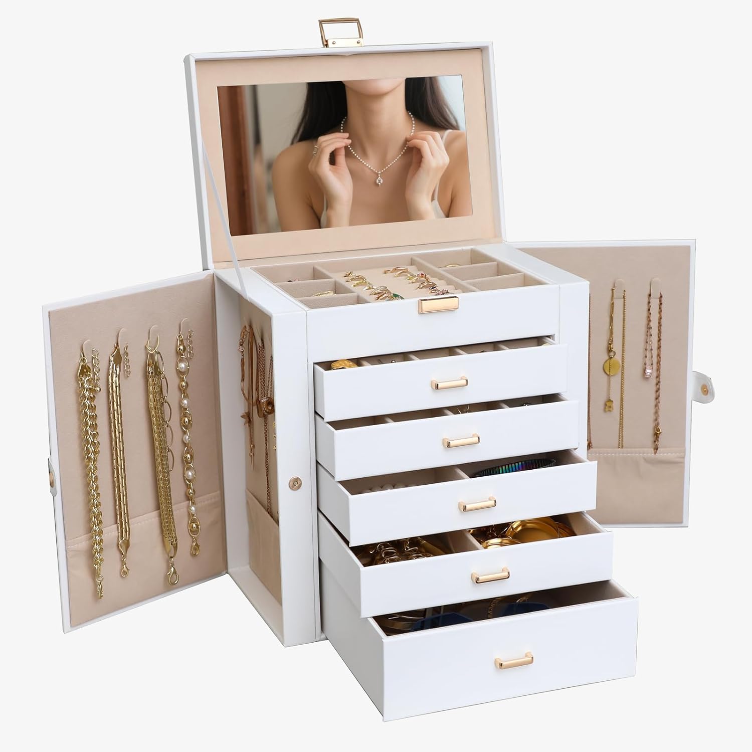 Elegant 6 Layer Jewelry Box Organizer with Mirror and Lock