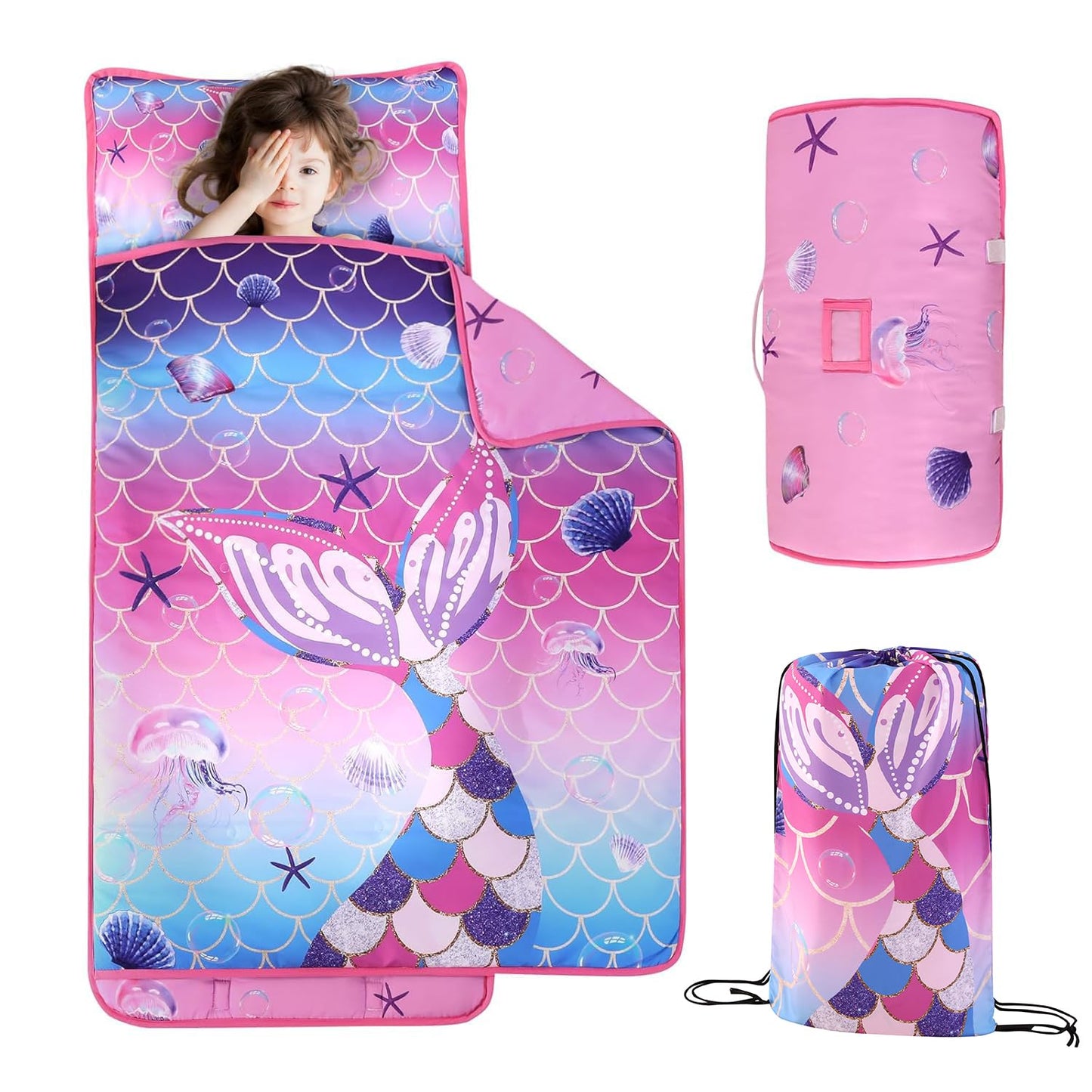 Wowelife Mermaid Toddler Nap Mat with Pillow for Girls