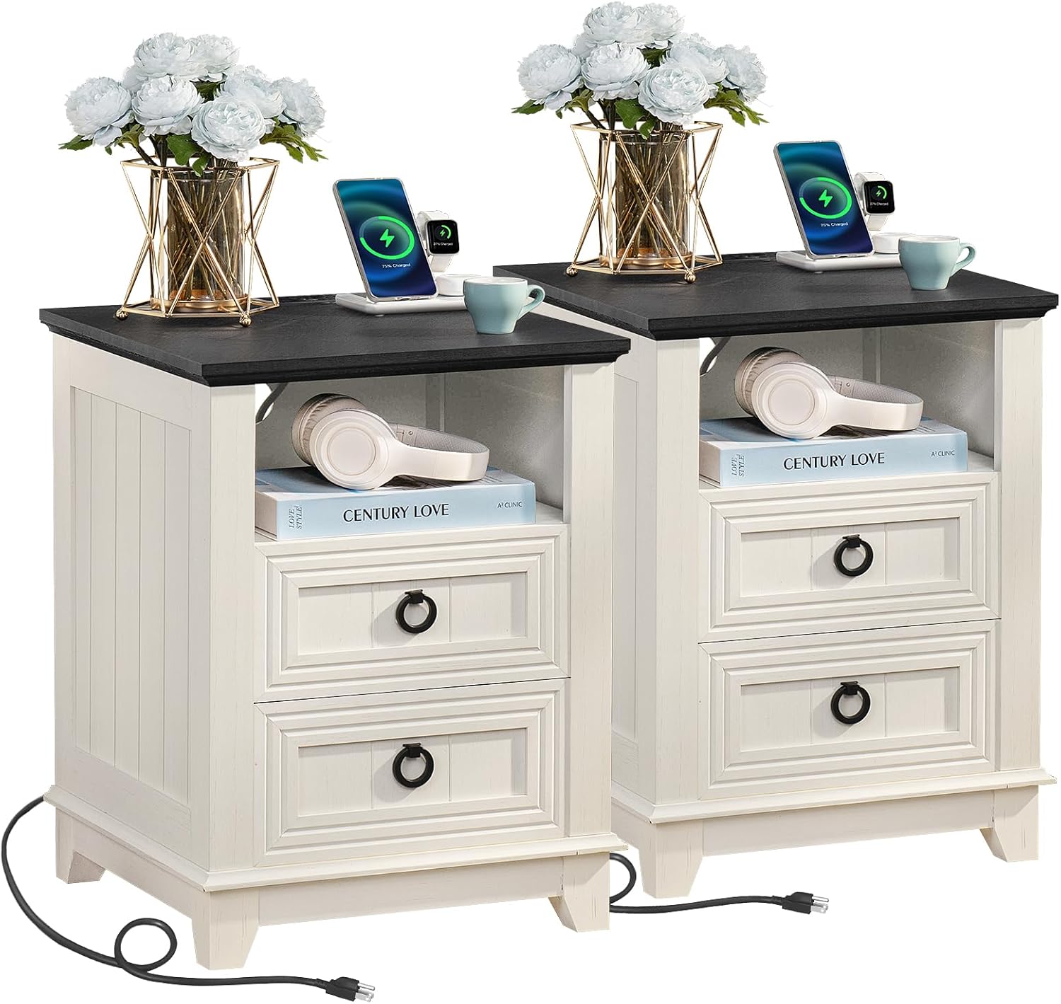 Farmhouse Night Stands Set of 2 with Charging Station and Drawers