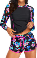 Women's Long Sleeves Rash Guard Two-Piece Swim Set - Pink Floral