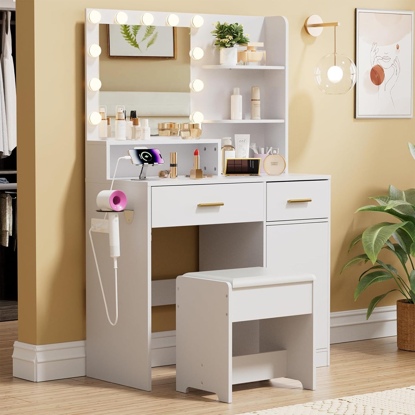 White Vanity Set: Adjustable Lighting & Power Outlet