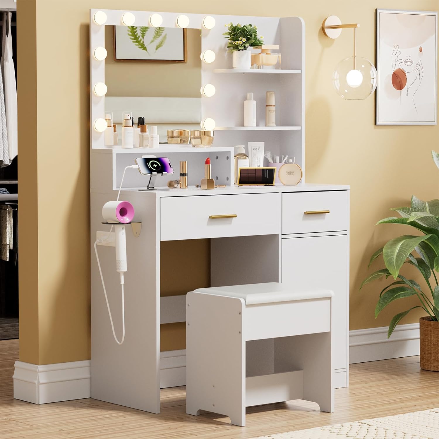 White Vanity Set: Adjustable Lighting & Power Outlet