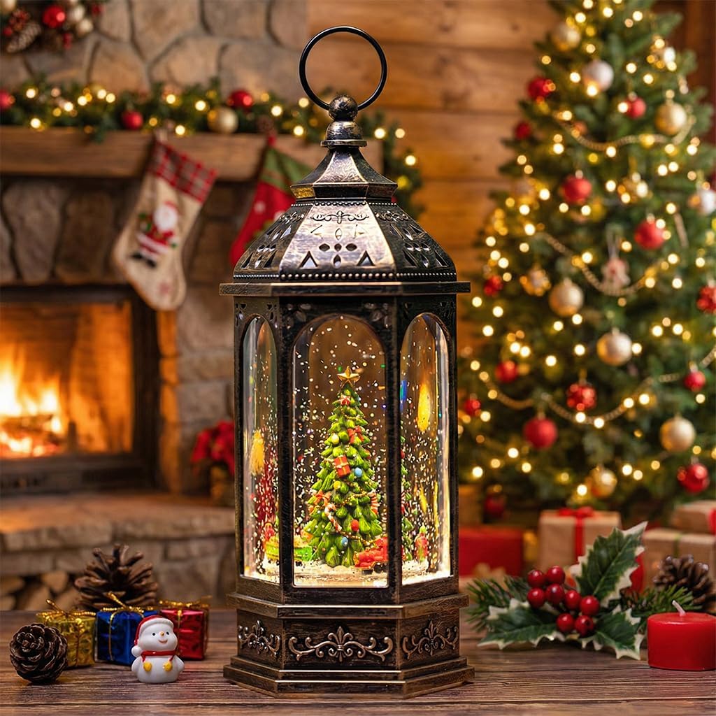 Animated Christmas Snow Globe Lantern with Rotating Train Scene