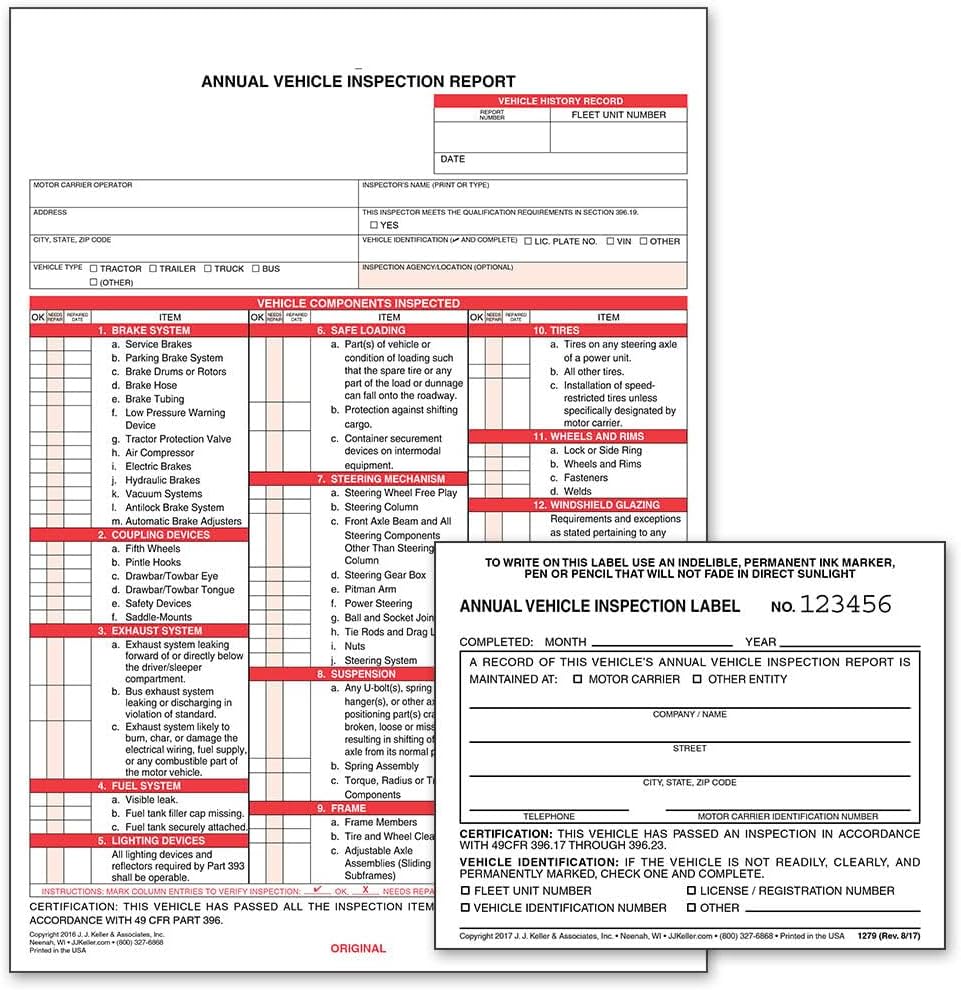 Annual Vehicle Inspection Report Forms & Labels - 100-Pack