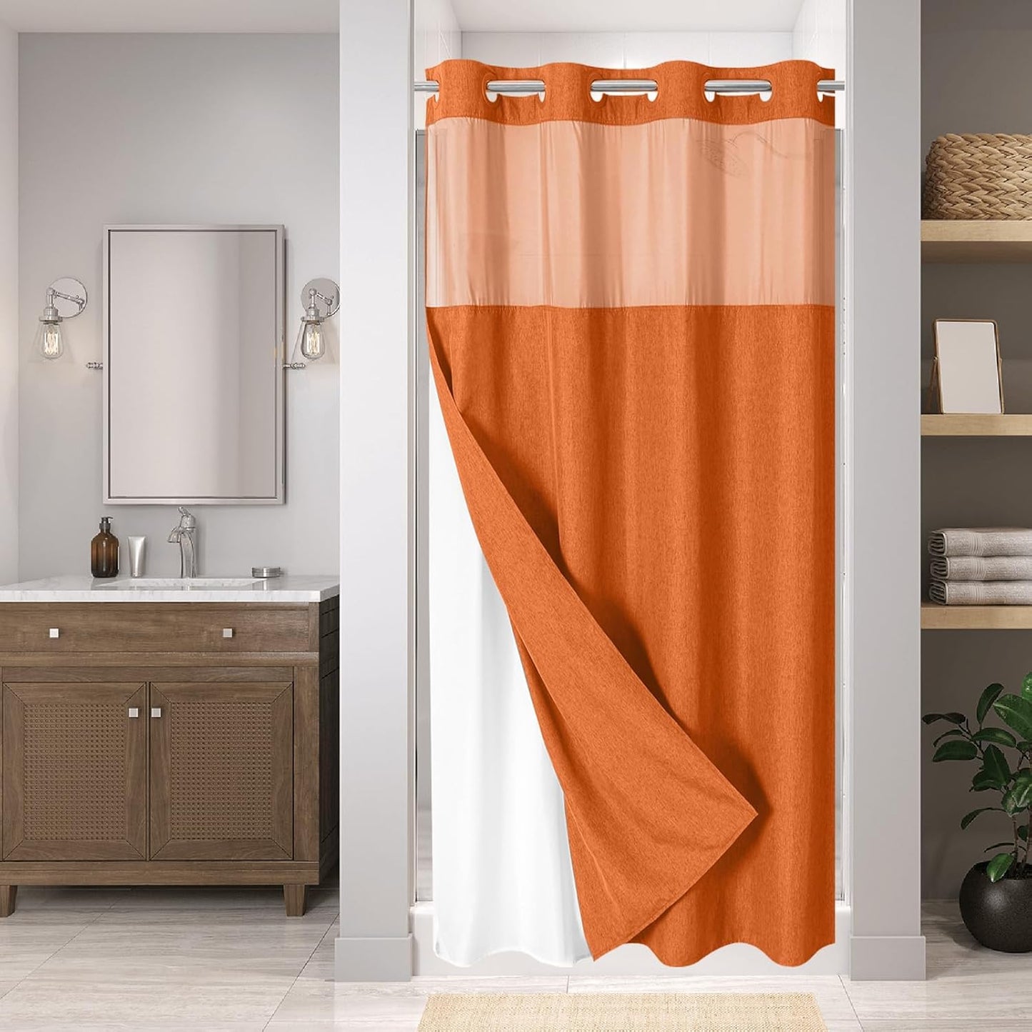 Linen Textured Shower Curtain with Snap-in Liner for Luxury Bath