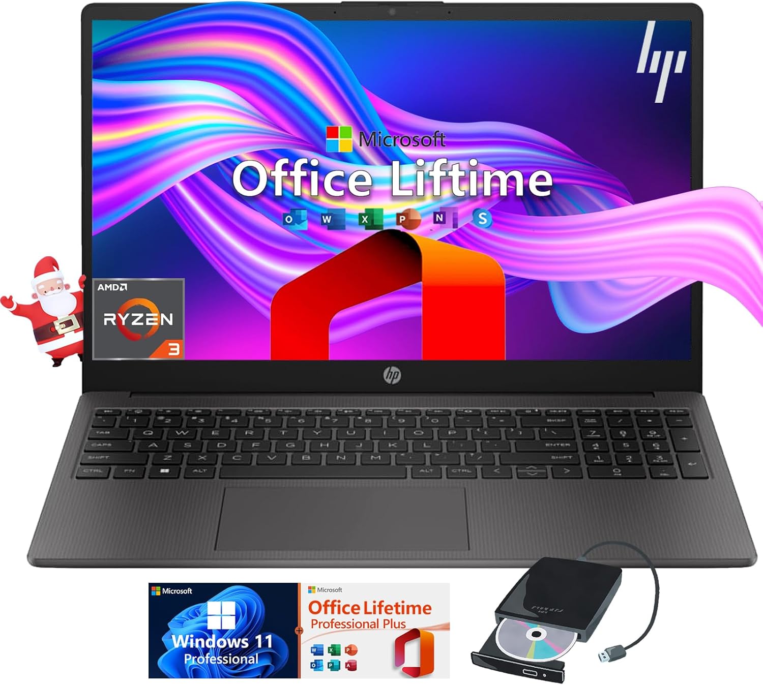 HP 255-G10 Business Laptop - Lifetime Office, Full HD, Ryzen 3, Wi-Fi 6 - Win 11 Pro - Laptop Bundle