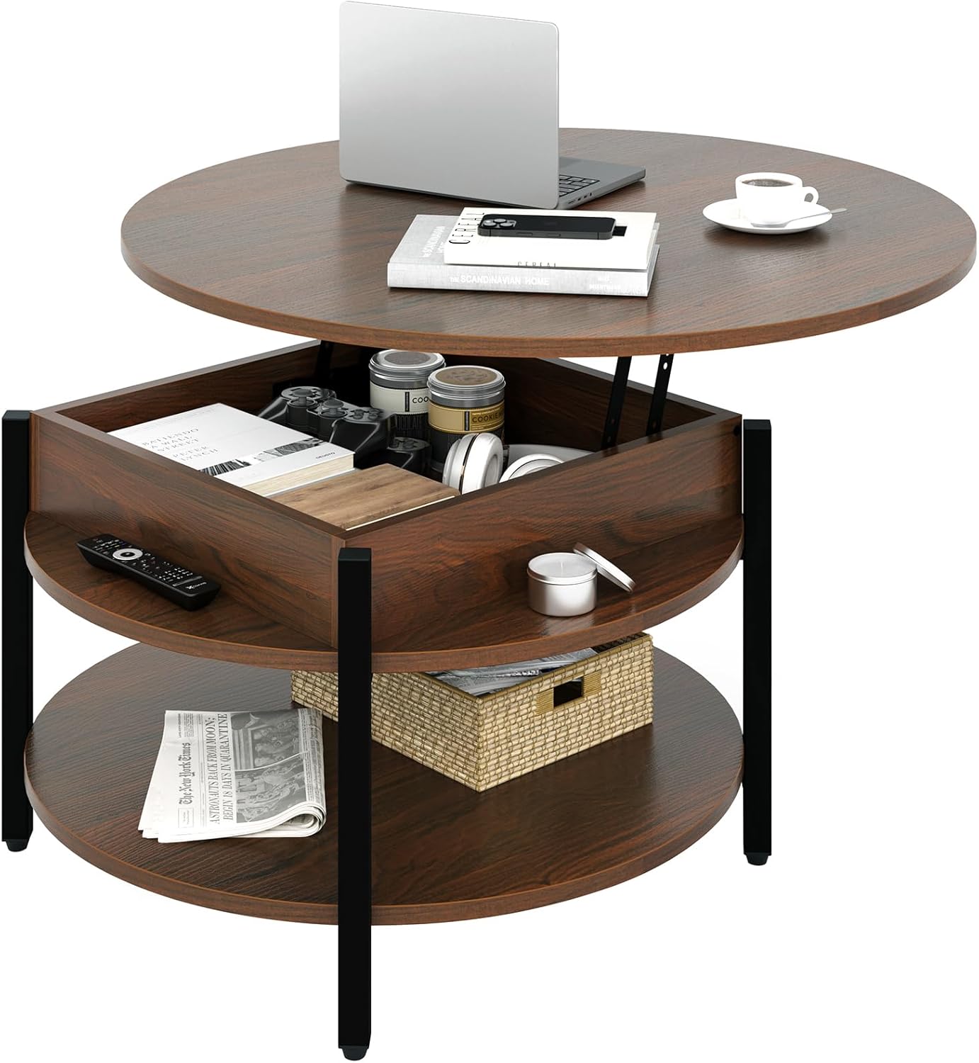 Farmhouse Style Round Coffee Table with Hidden Storage