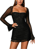 Women's Sheer Long Sleeve Sequin Bodycon Mini Dress - Sparkly Night is