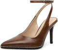 Women Brown Slingback Heels with Ankle Strap Pointed Toe 3.5in