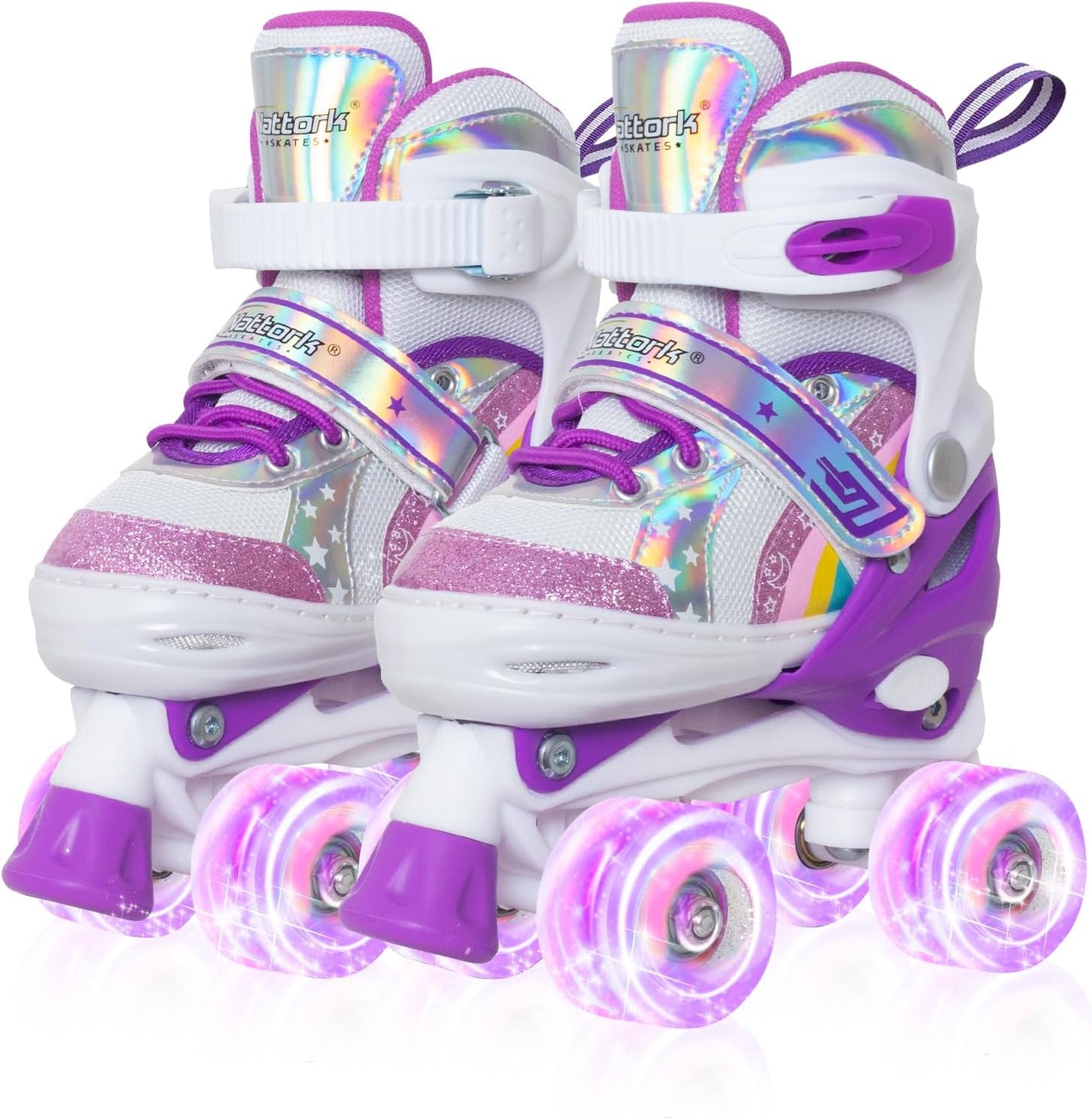 Nattork Girls Roller Skates for Kids - Adjustable Rainbow Quad Skates
