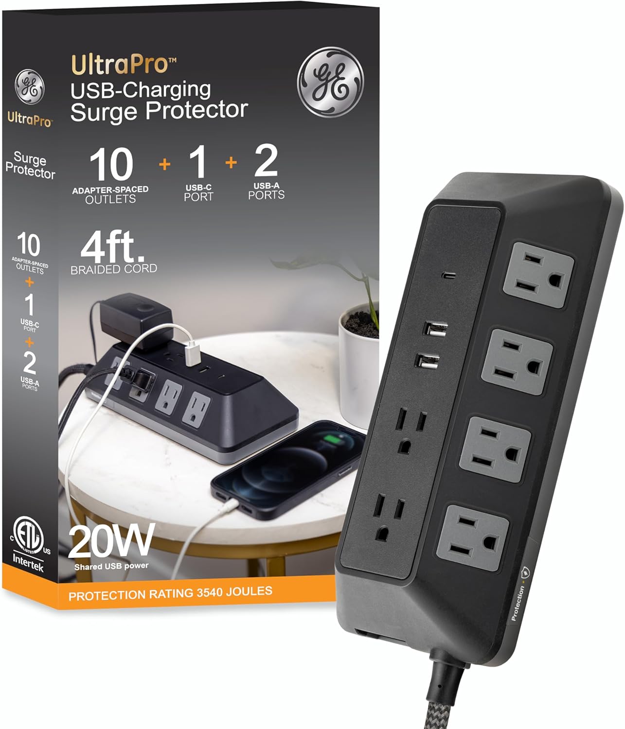 GE UltraPro 10-Outlet Surge Protector with USB Ports and Cord