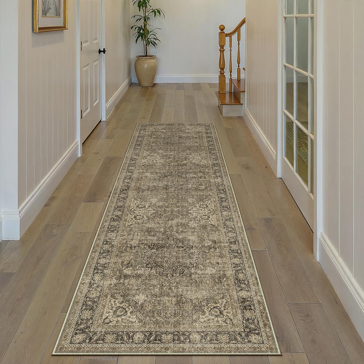 Vintage Distressed 2x8 Washable Brown Runner Rug for Home