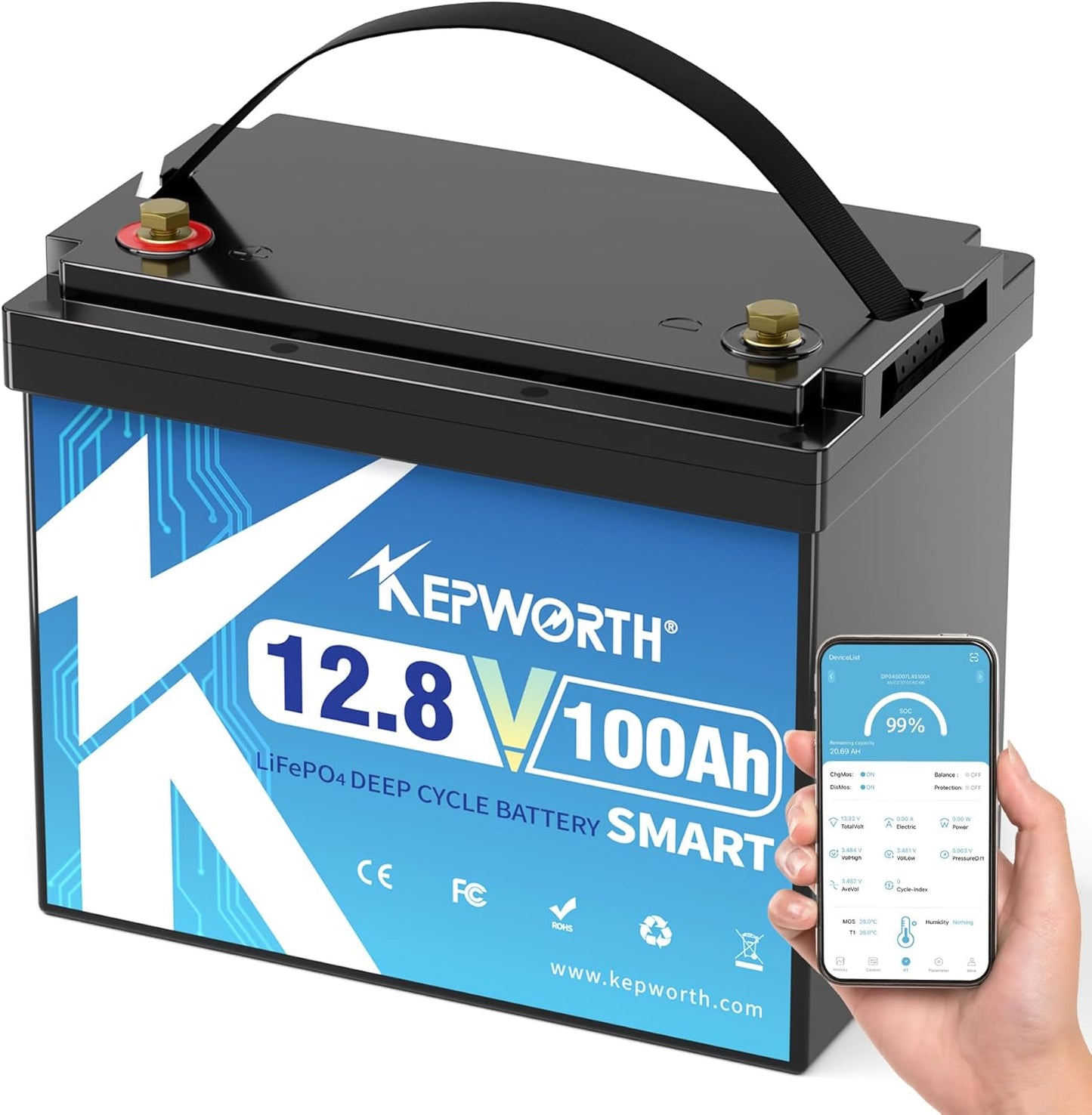 12.8V 100Ah LiFePO4 Battery with Bluetooth for Deep Cycle Use