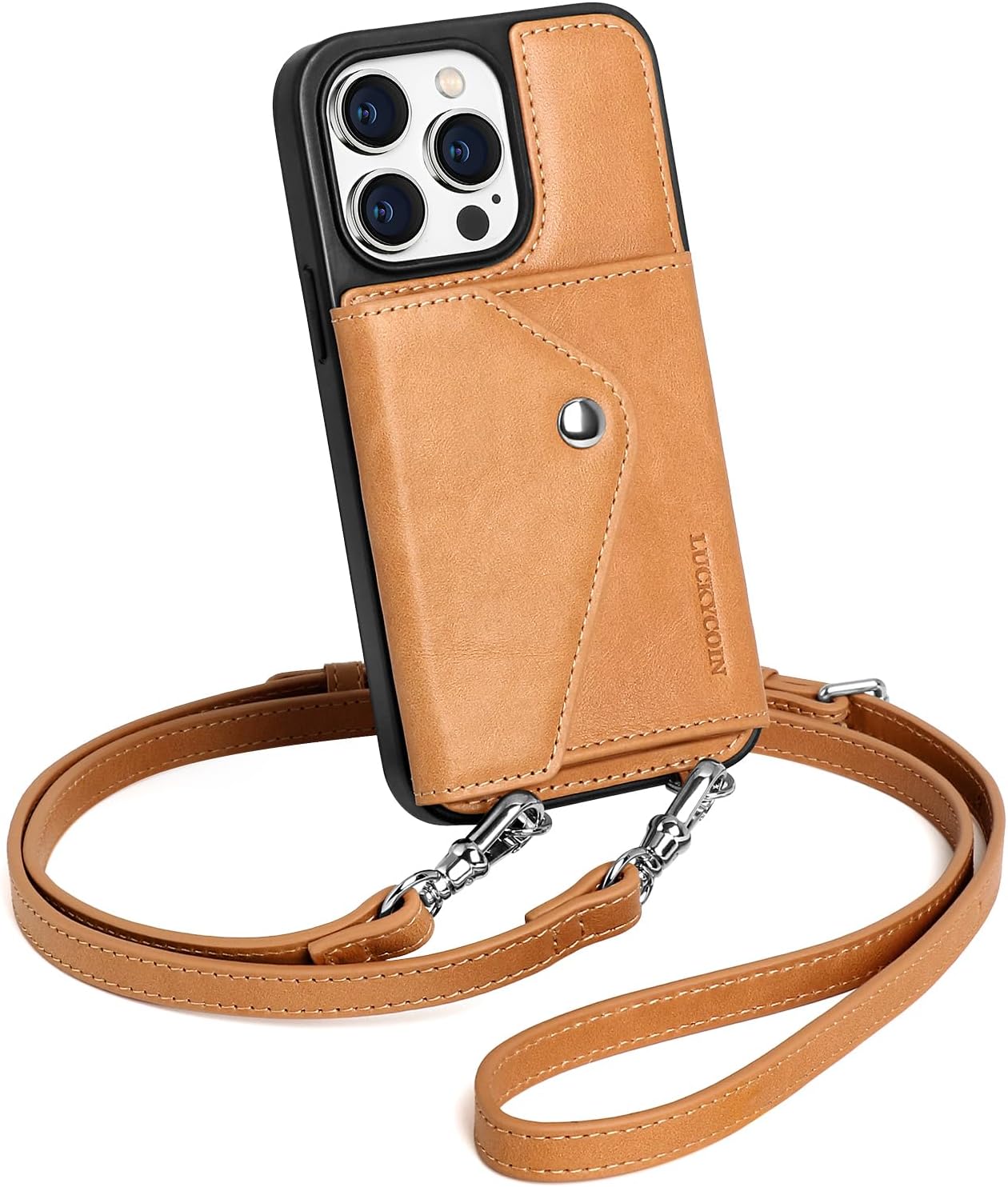 LUCKYCOIN Crossbody Phone Case for iPhone 15 Pro - Tan Leather
