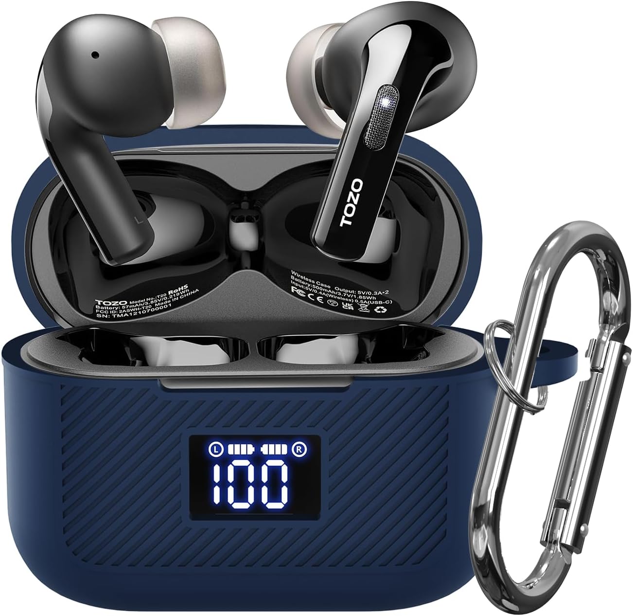 Soft Silicone Earbuds Case for TOZO T20/T21, LED Visible, Carabiner Set