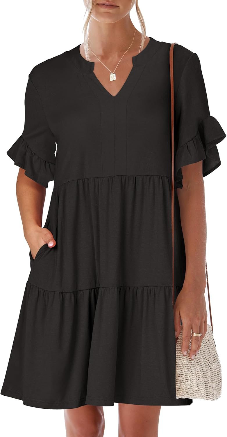 Trendy Ruffle Short Sleeve V Neck A Line Mini Beach Dress