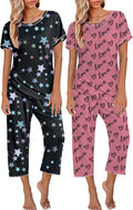 Womens 2 Pack Pajama Sets Short Sleeve Tops & Capri Pants - Soft