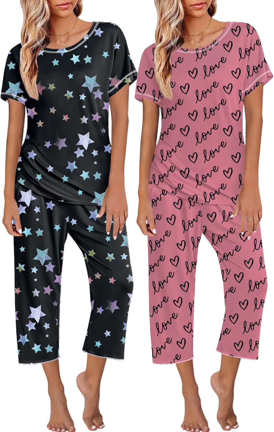 Ekouaer 2 Pack Womens Pajamas Short Sleeve Sleepwear Sets