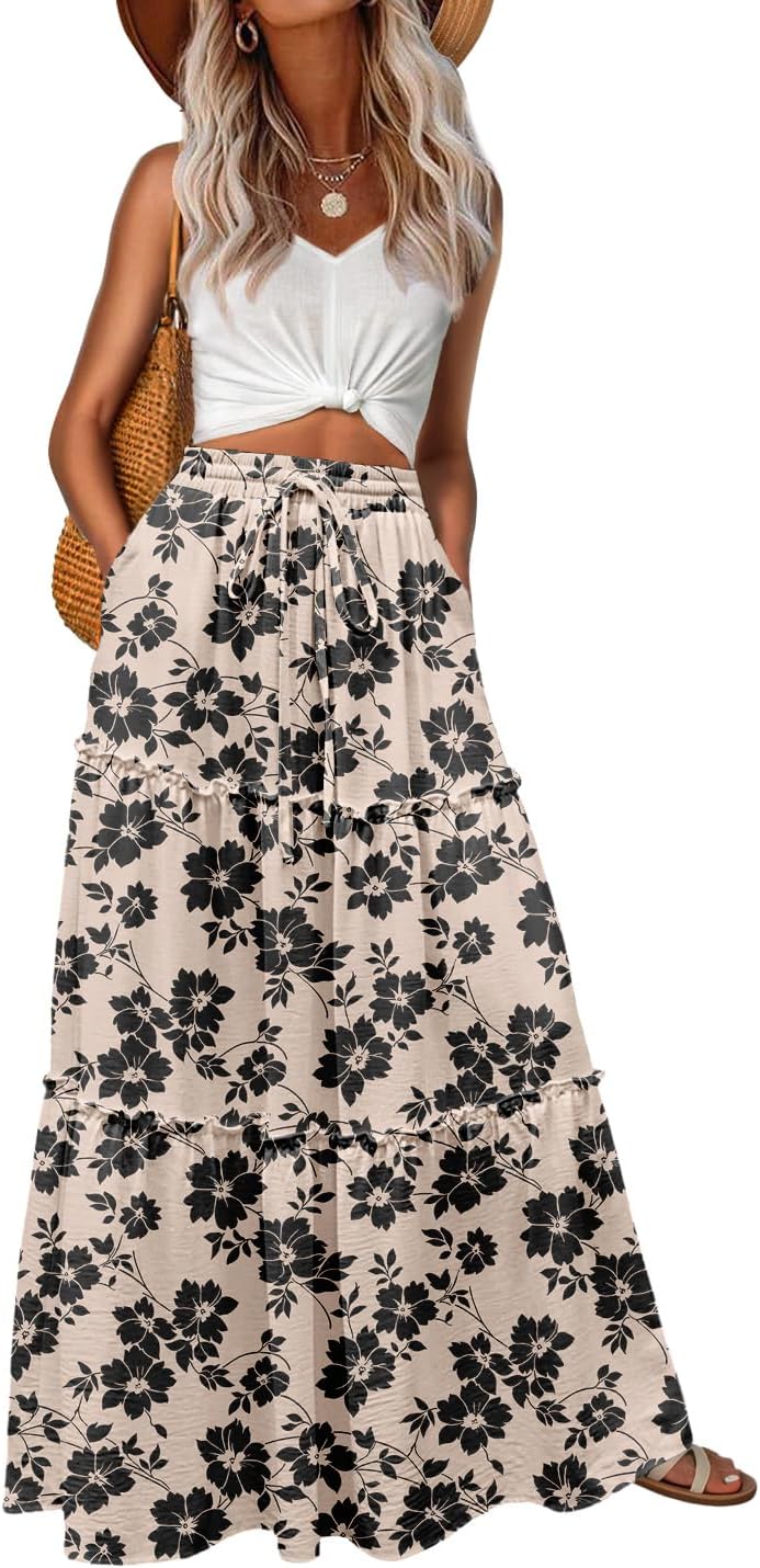 Lepunuo Womens Casual Boho High Waisted Flowy Maxi Skirts