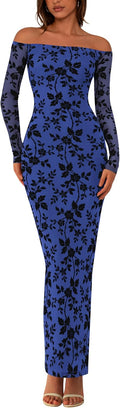 Off The Shoulder Floral Maxi Bodycon Dress - Elegant Mesh Fit