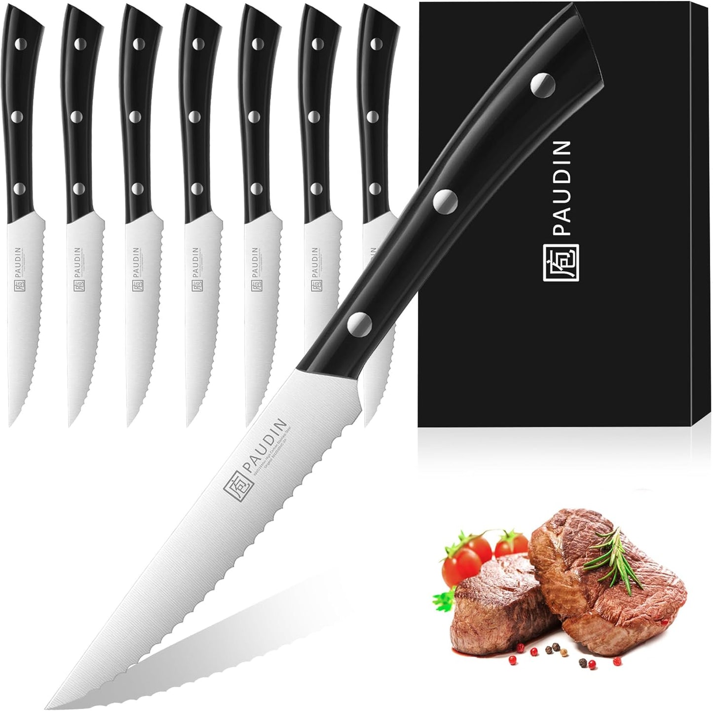 PAUDIN Steak Knife Set of 8 - Razor-Sharp Kitchen Knives
