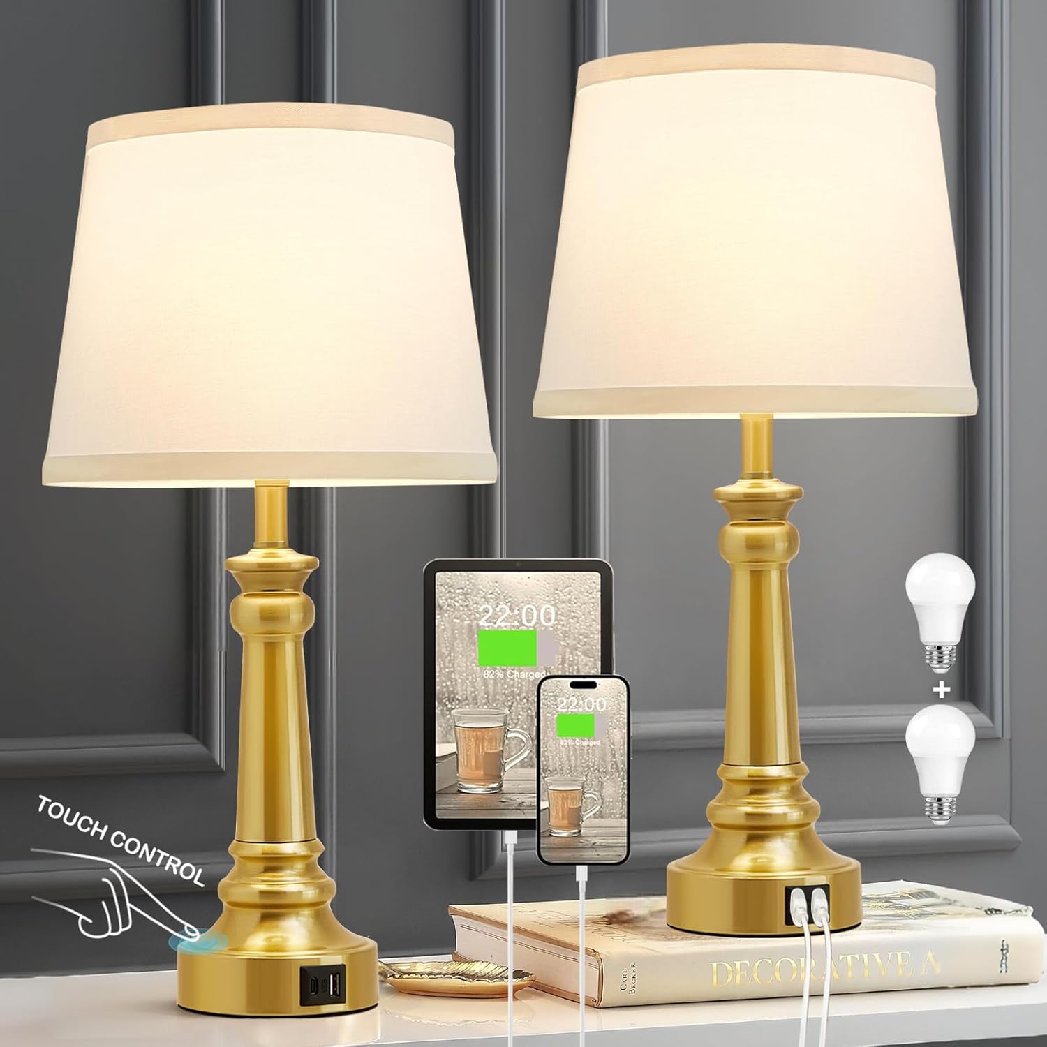 Touch Lamps for Nightstand Set of 2 with USB Ports and Dimming
