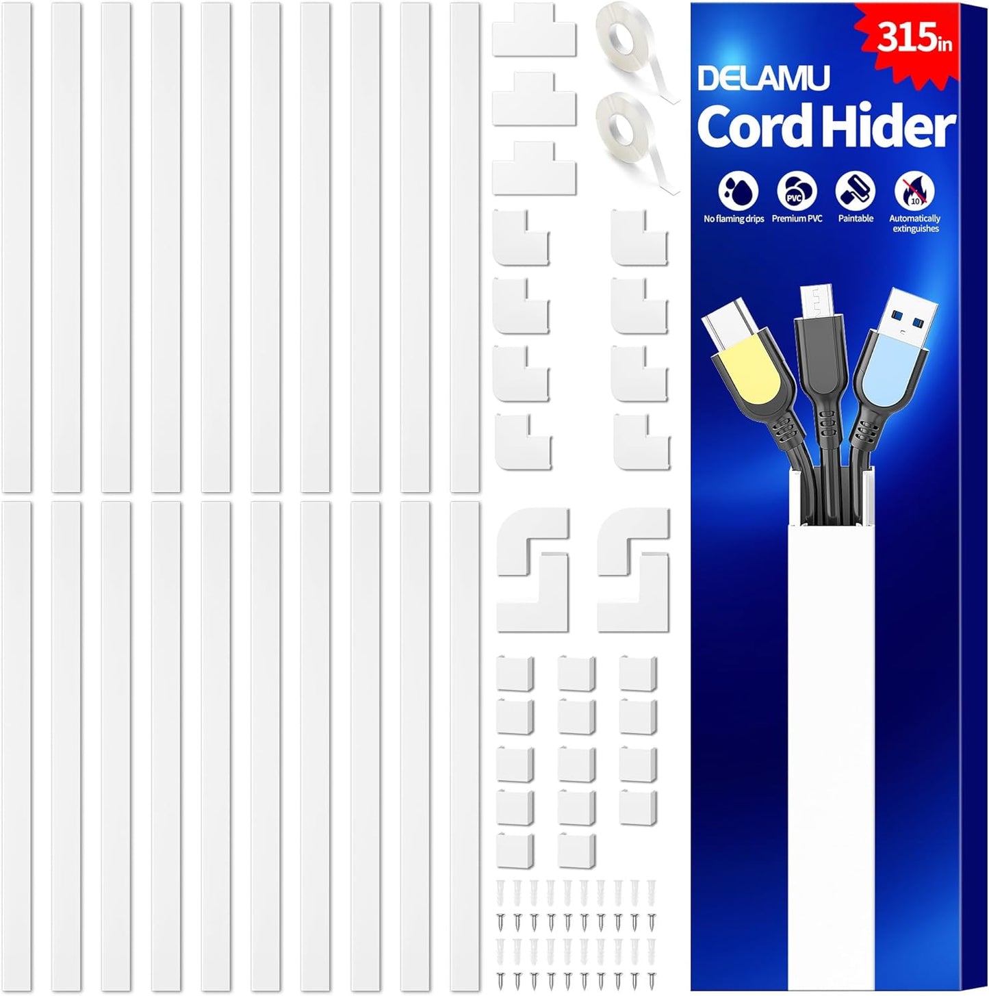 Delamu Cord Hider for 2-3 Cords on Wall - Premium Cable Management